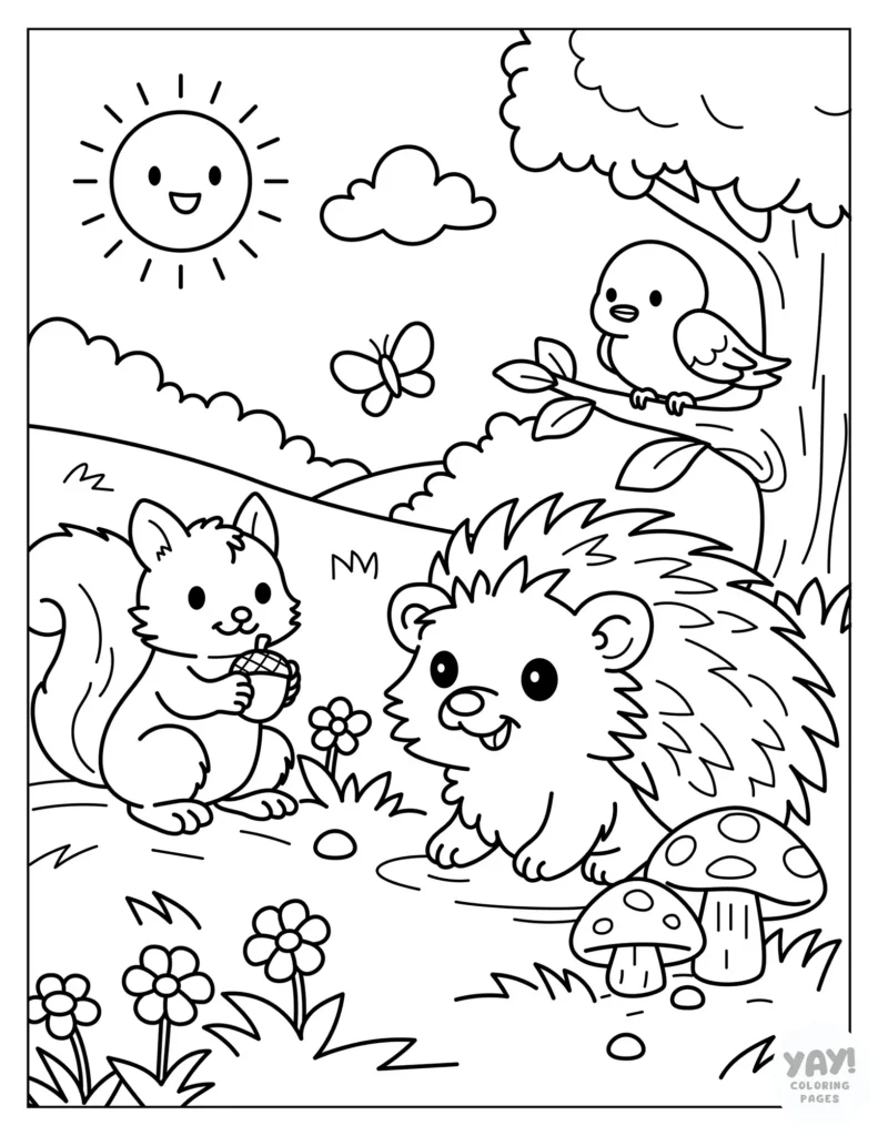 Hedgehog in the woods with squirrel and bird coloring page