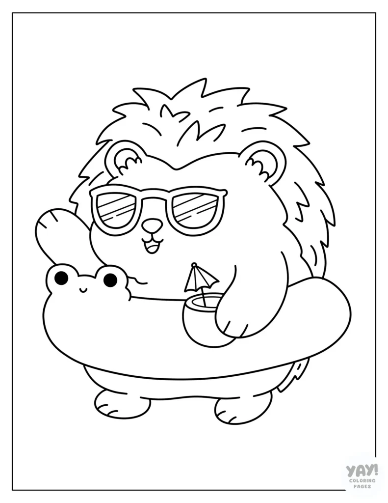 Cool beach-ready hedgehog coloring page