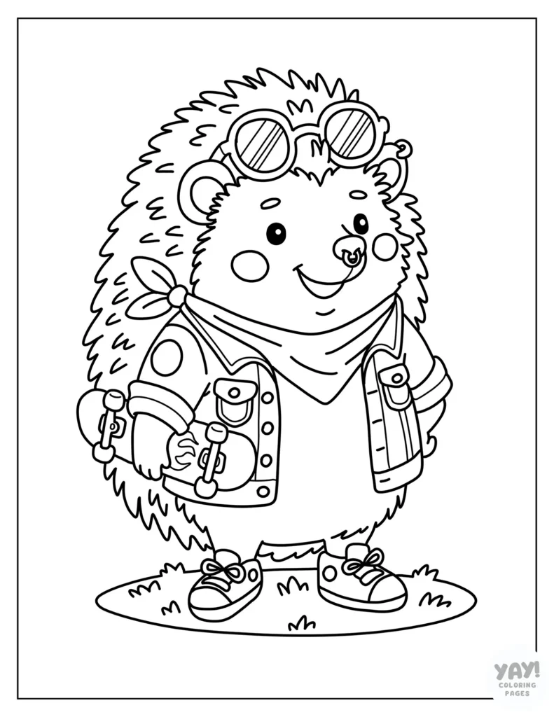Cool hedgehog with skateboard and nose ring coloring page