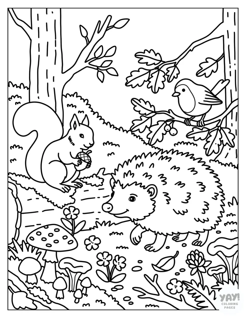 Forest scene with hedgehog and other woodland creatures coloring page
