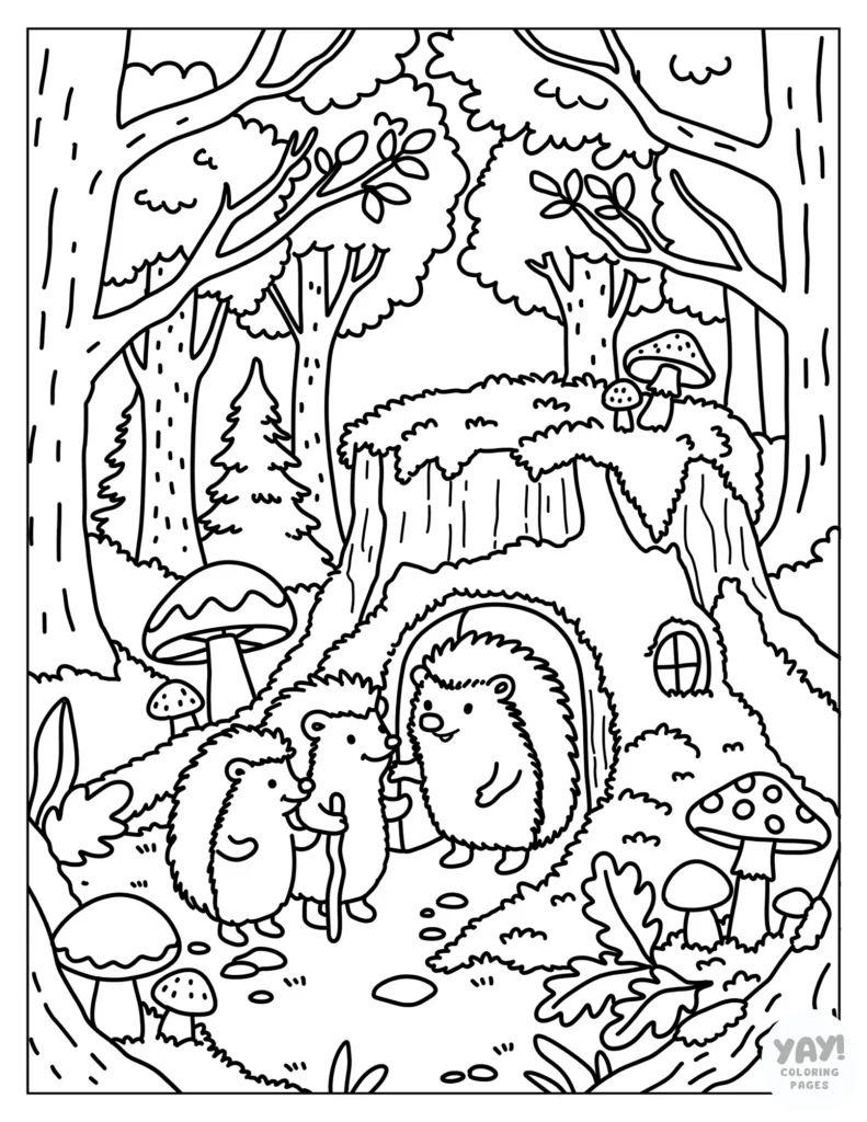Fantasy hedgehog coloring page with visitors being welcomed at a tree stump home