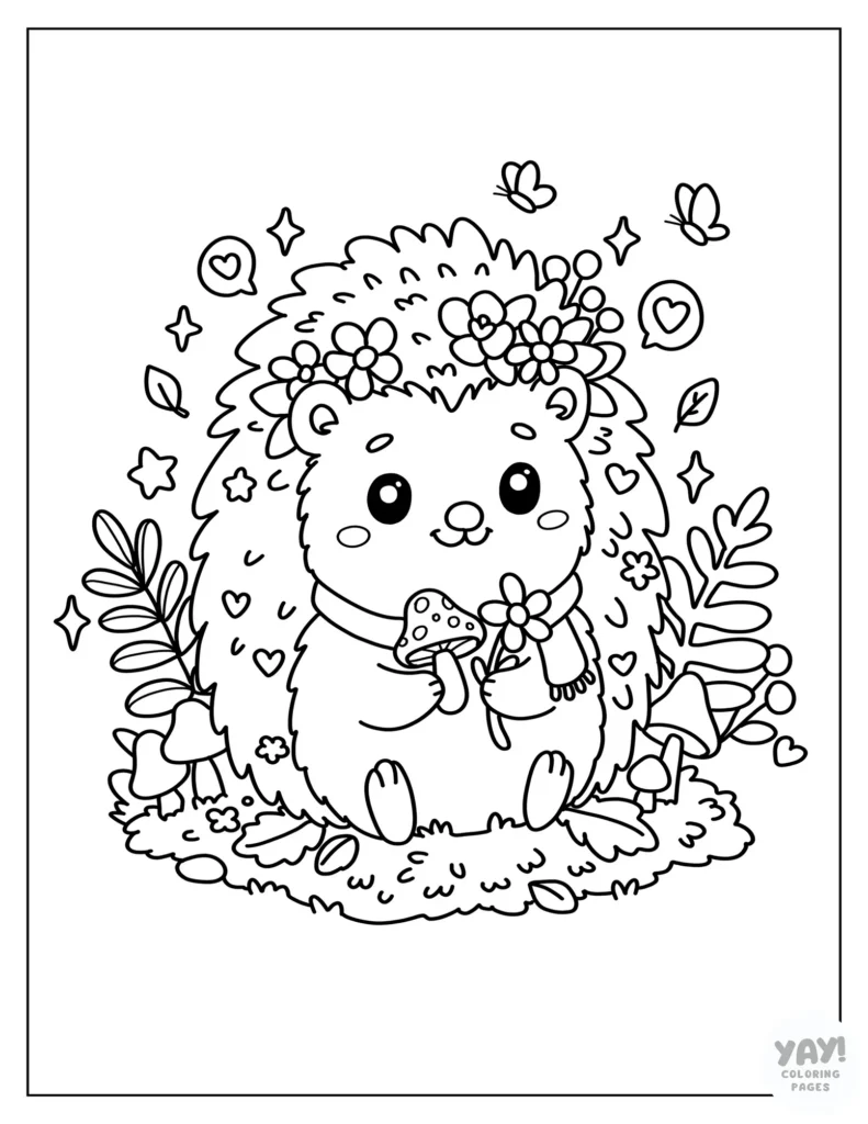 Sweet kawaii hedgehog coloring page with butterflies and mushrooms