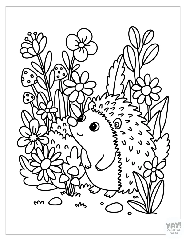 Flower garden with a hedgehog coloring page