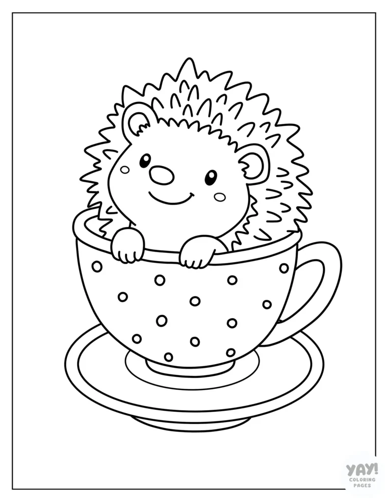 A teacup with a baby hedgehog coloring page