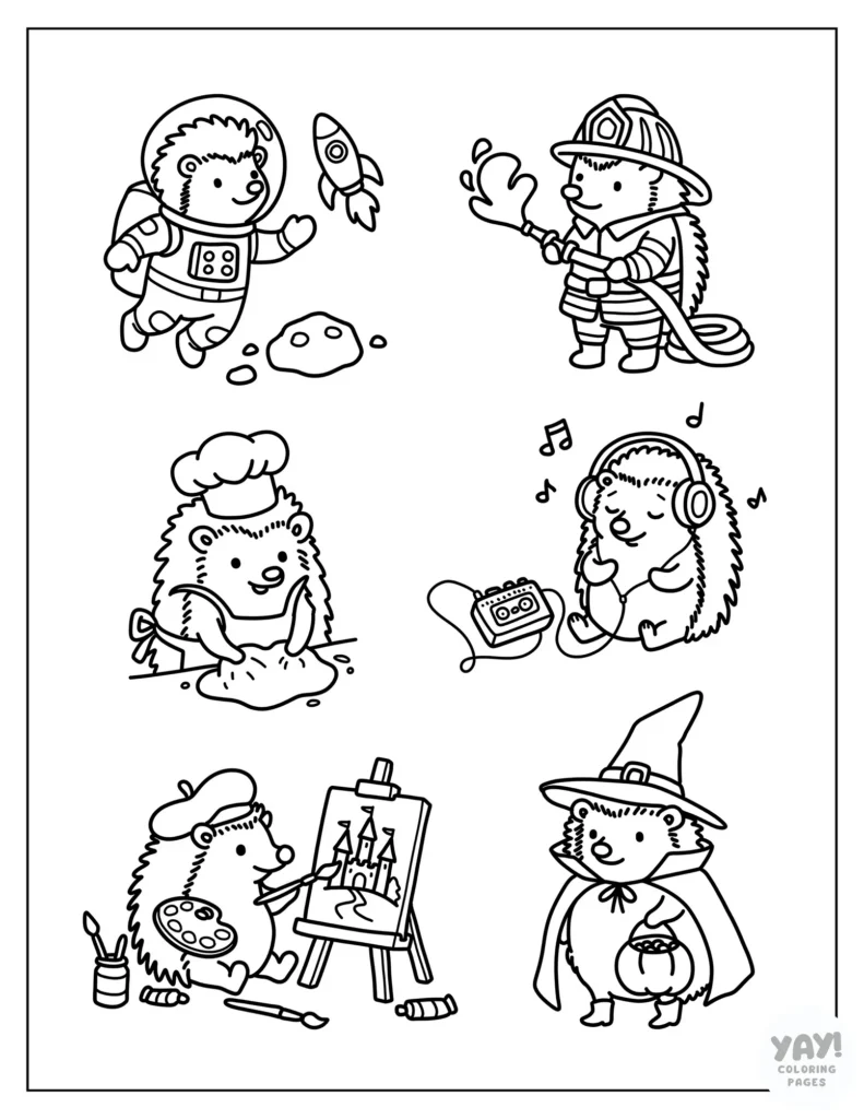 Coloring page of doodles of different hedgehogs showing off different jobs and hobbies, like firefighter, artist, and baker