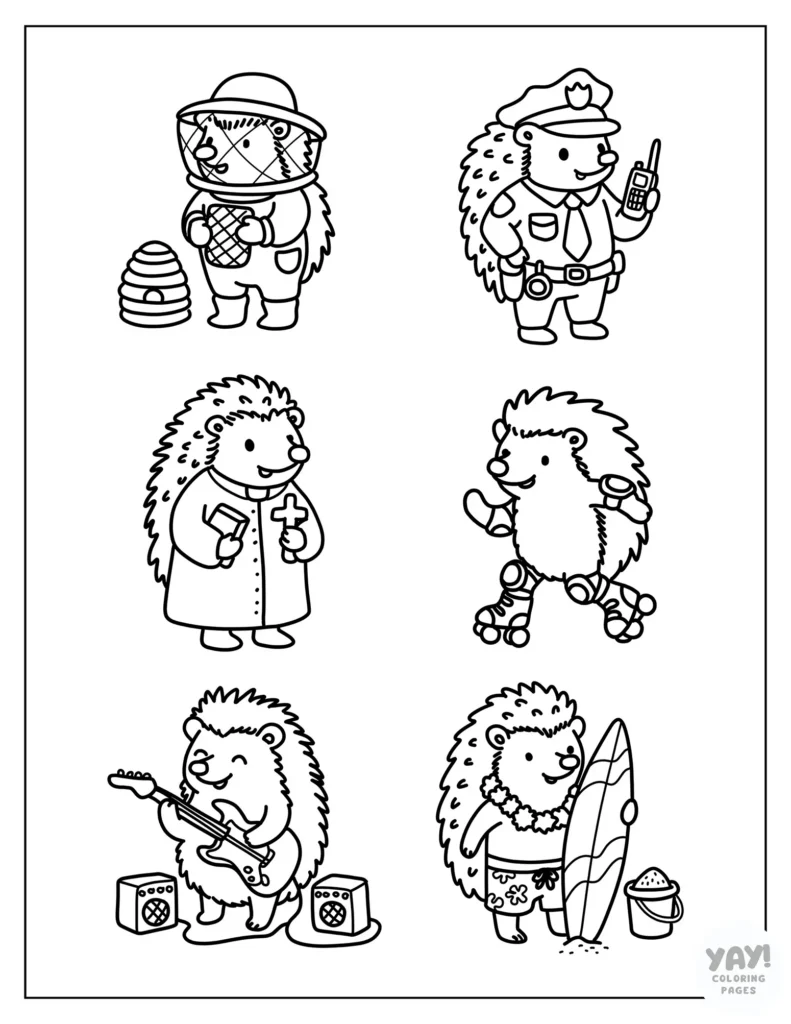 Coloring page with hedgehog as beekeeper, police officer, surfer, and other professions