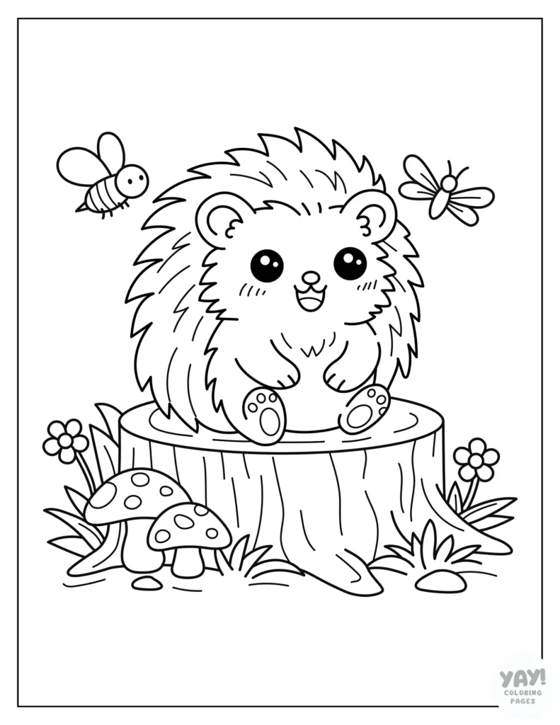 Cute hedgehog on a tree stump coloring page for kids