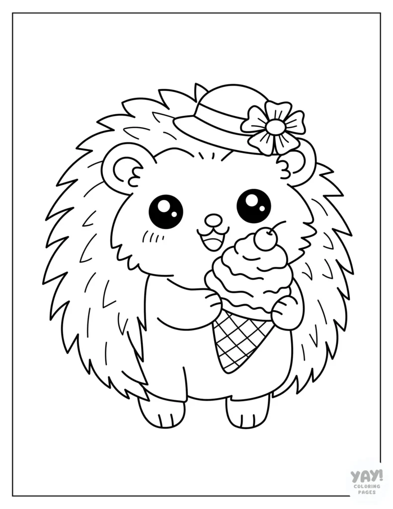 Kawaii hedgehog wearing a cute hat and holding an ice cream cone coloring page