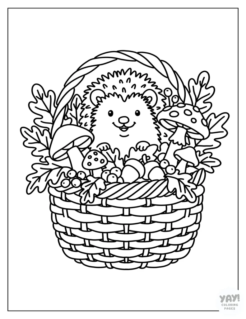 Fall basket of mushrooms with a hedgehog popping out coloring page