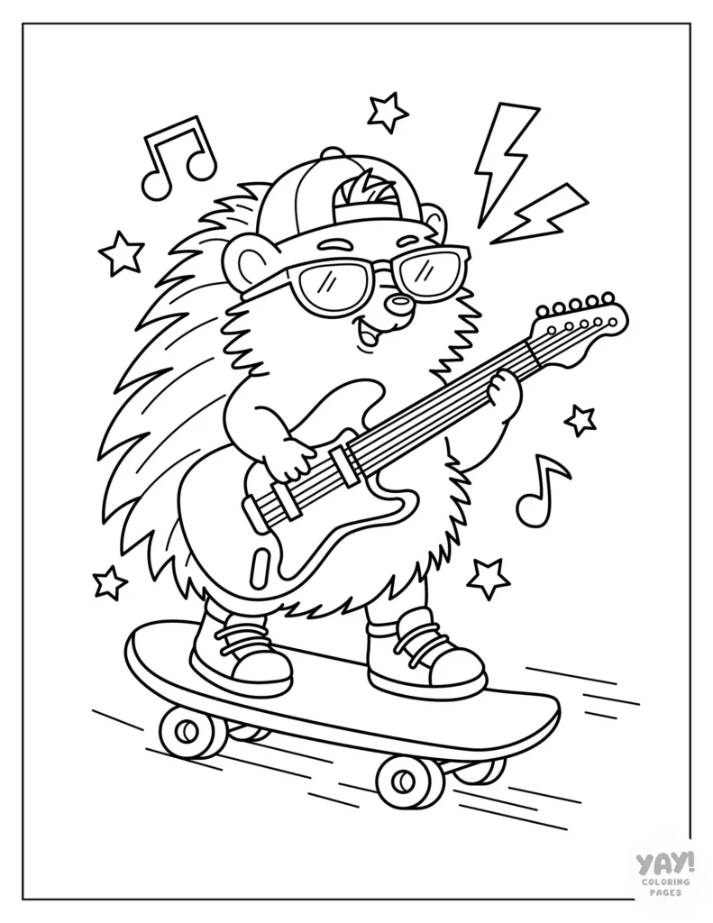 Skateboarding rocker hedgehog coloring page