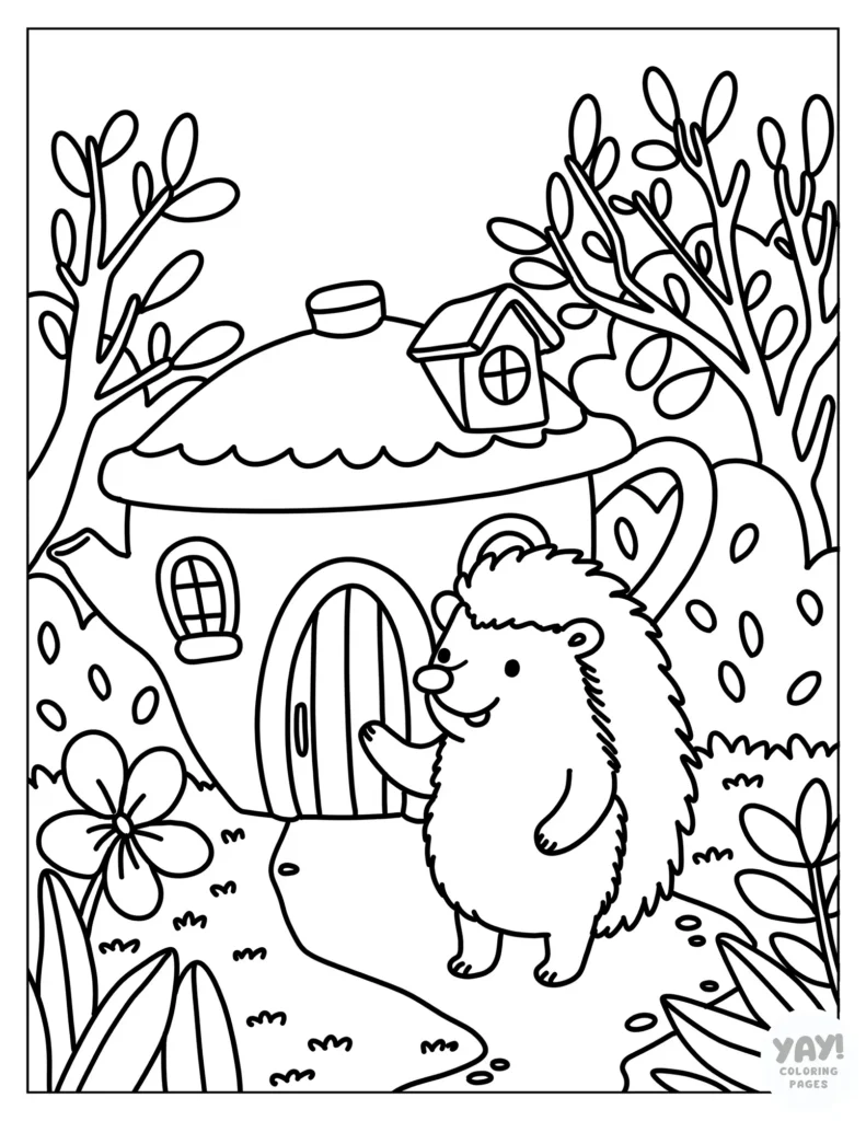 Adorable storybook style coloring page of hedgehog and tea pot house