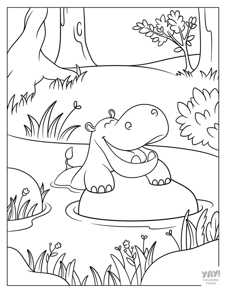 Happy hippo in the water coloring sheet
