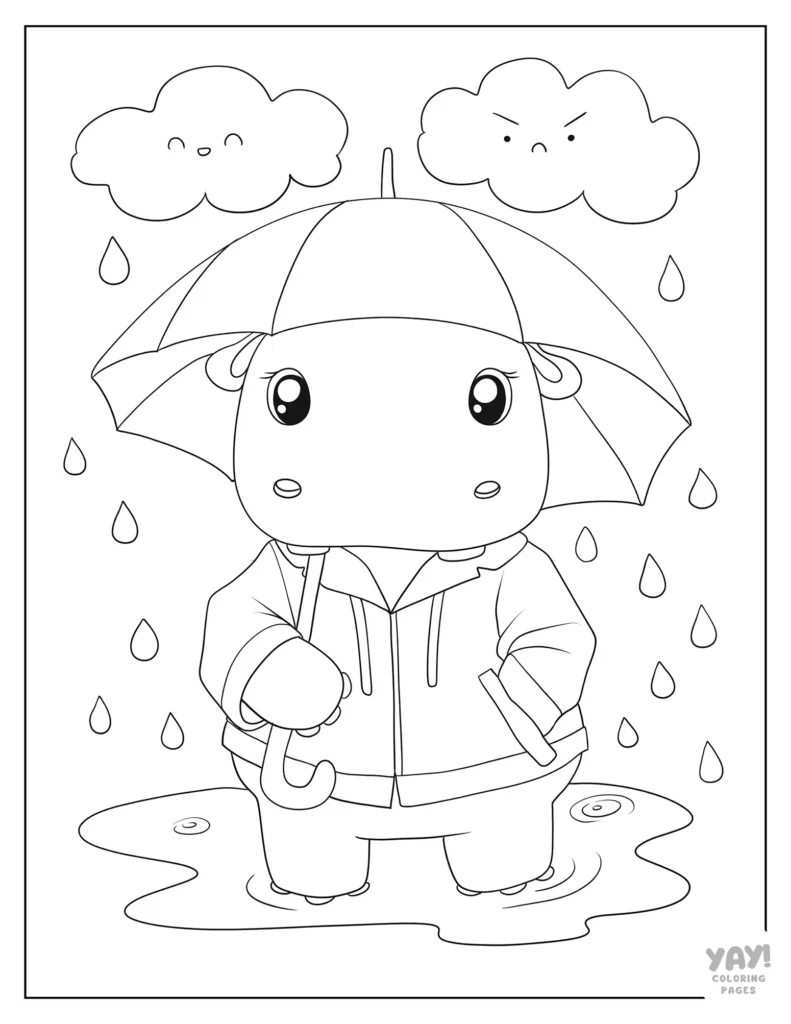 Hippo in the rain coloring page