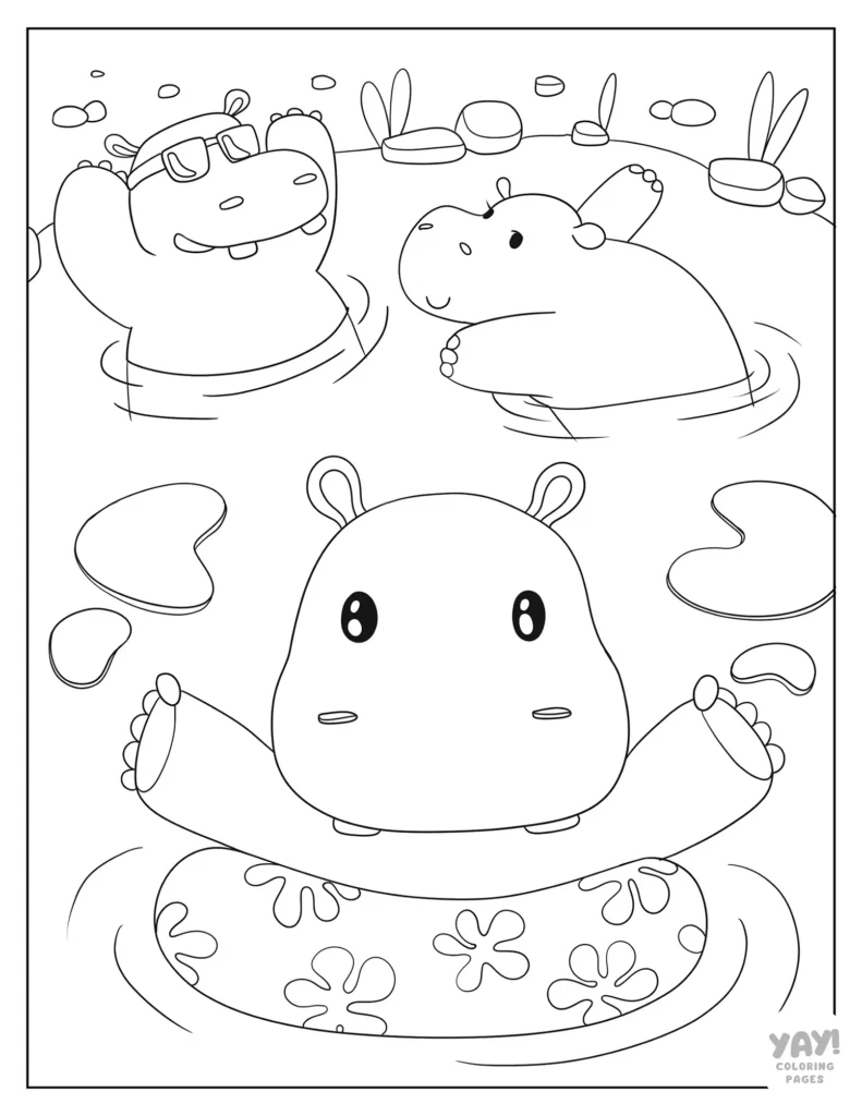 Coloring sheet with hippos going for a swim
