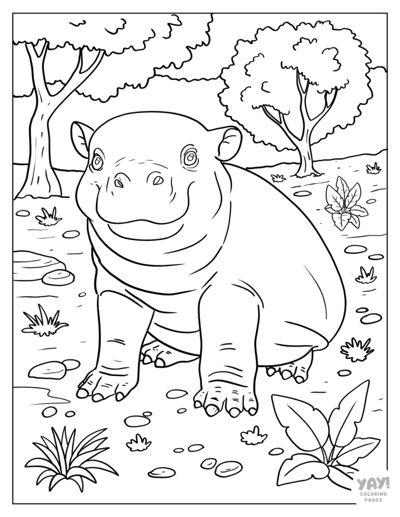 Realistic baby hippo to color