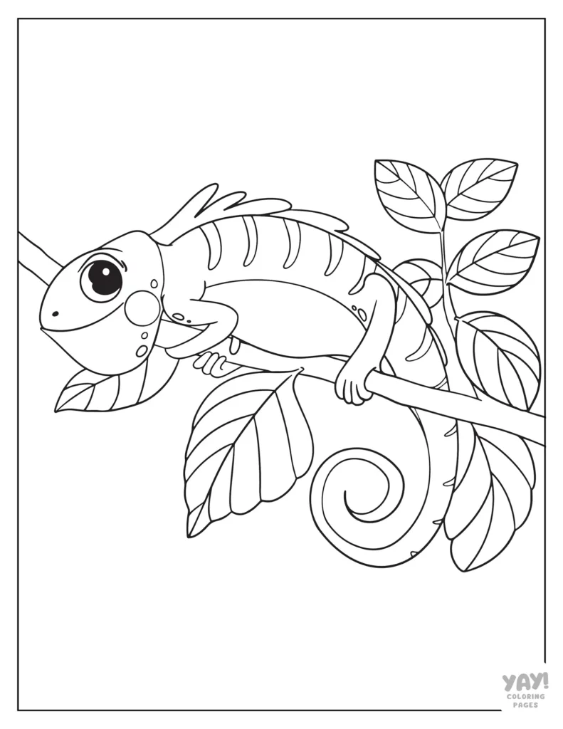 Cute iguana on tree branch with leaves coloring sheet