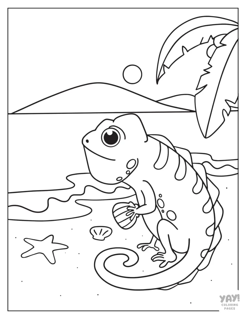 Cartoon iguana on the beach coloring page