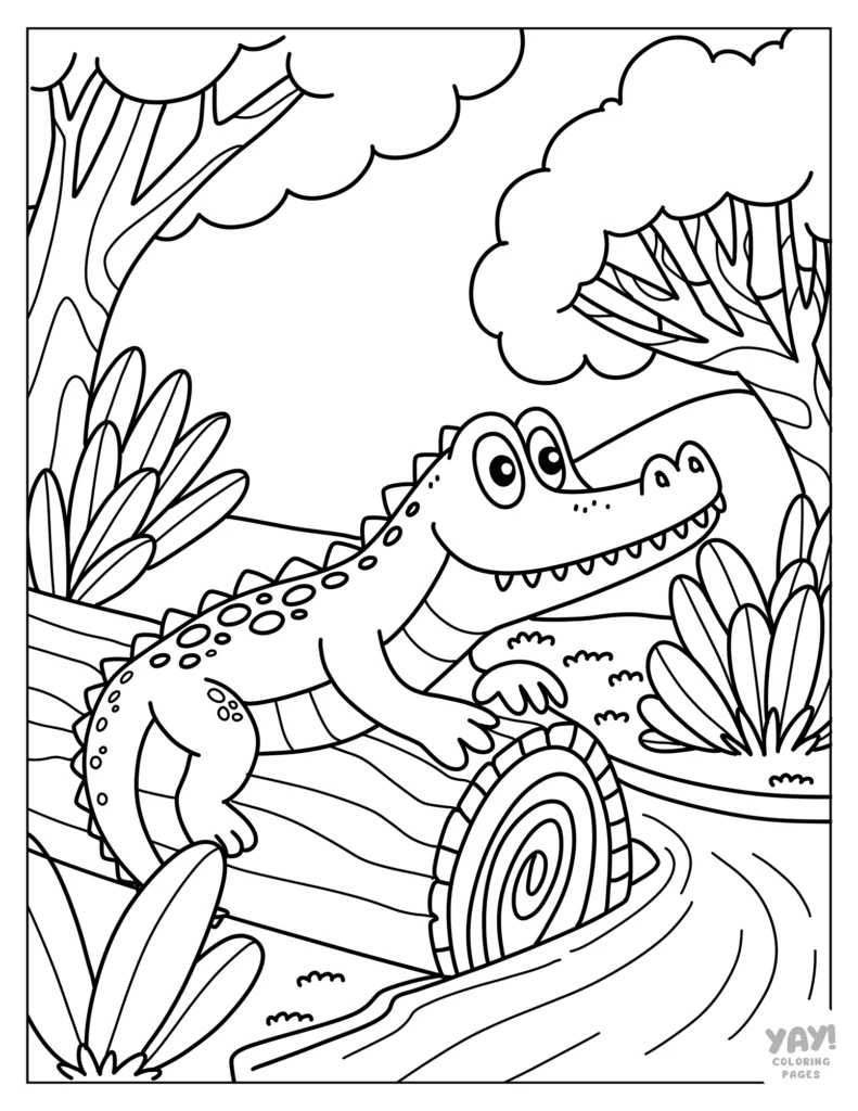 Crocodile on a log coloring page