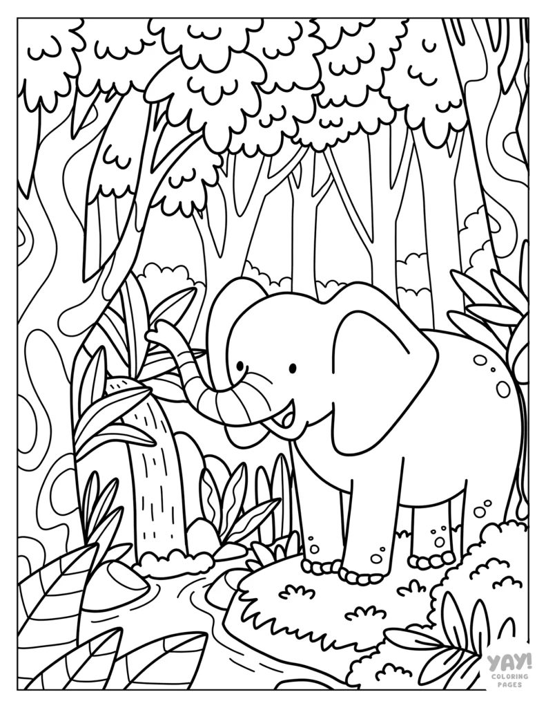 Elephant exploring wterfall in the jungle coloring page