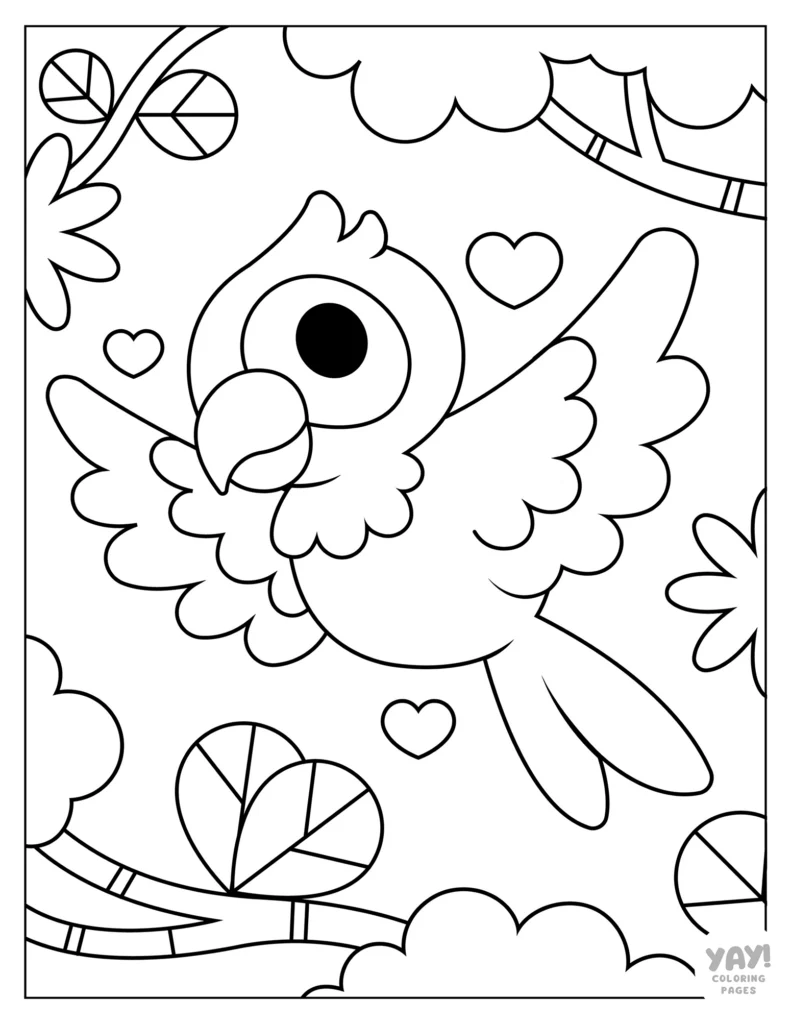 Macaw flying through the jungle coloring page