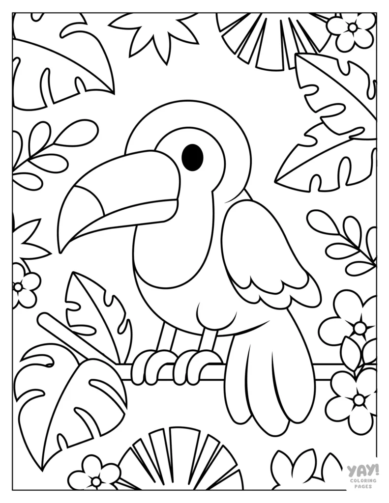 Toucan on branch among the foliage coloring page