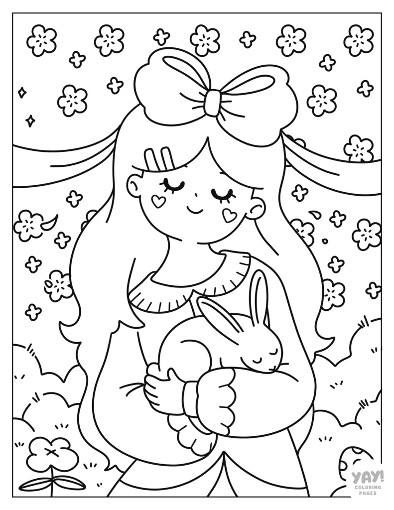 Kawaii girl holding bunny coloring page with flowers