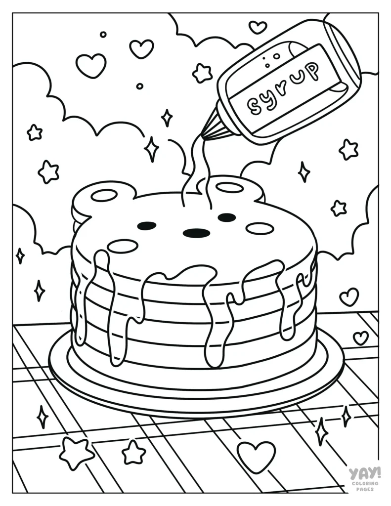 Kawaii coloring page of bear pancake with syrup