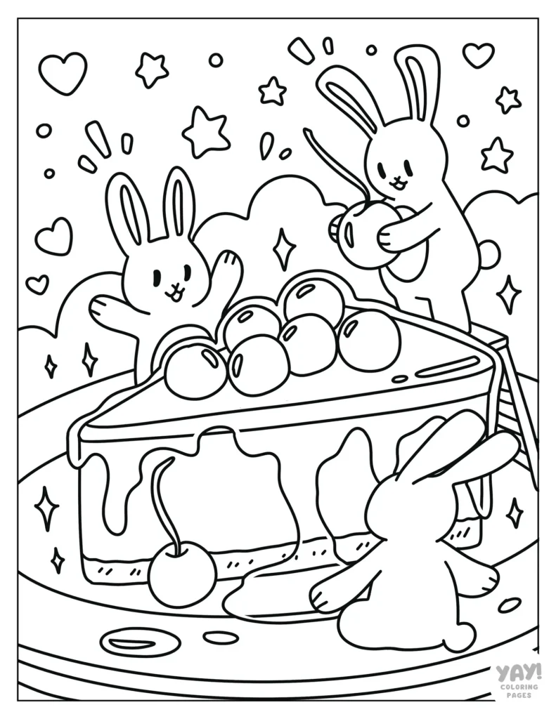 Kawaii coloring page of bunnies with cherry pie