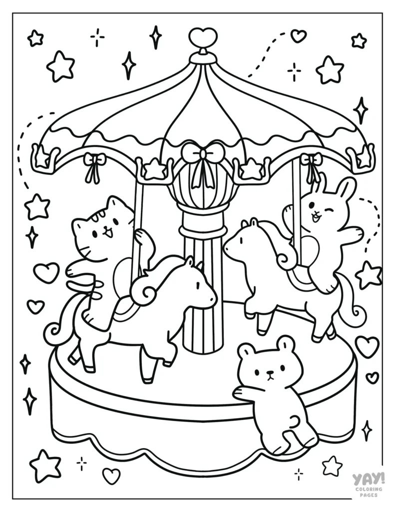 Kawaii coloring page of animal carousel ride