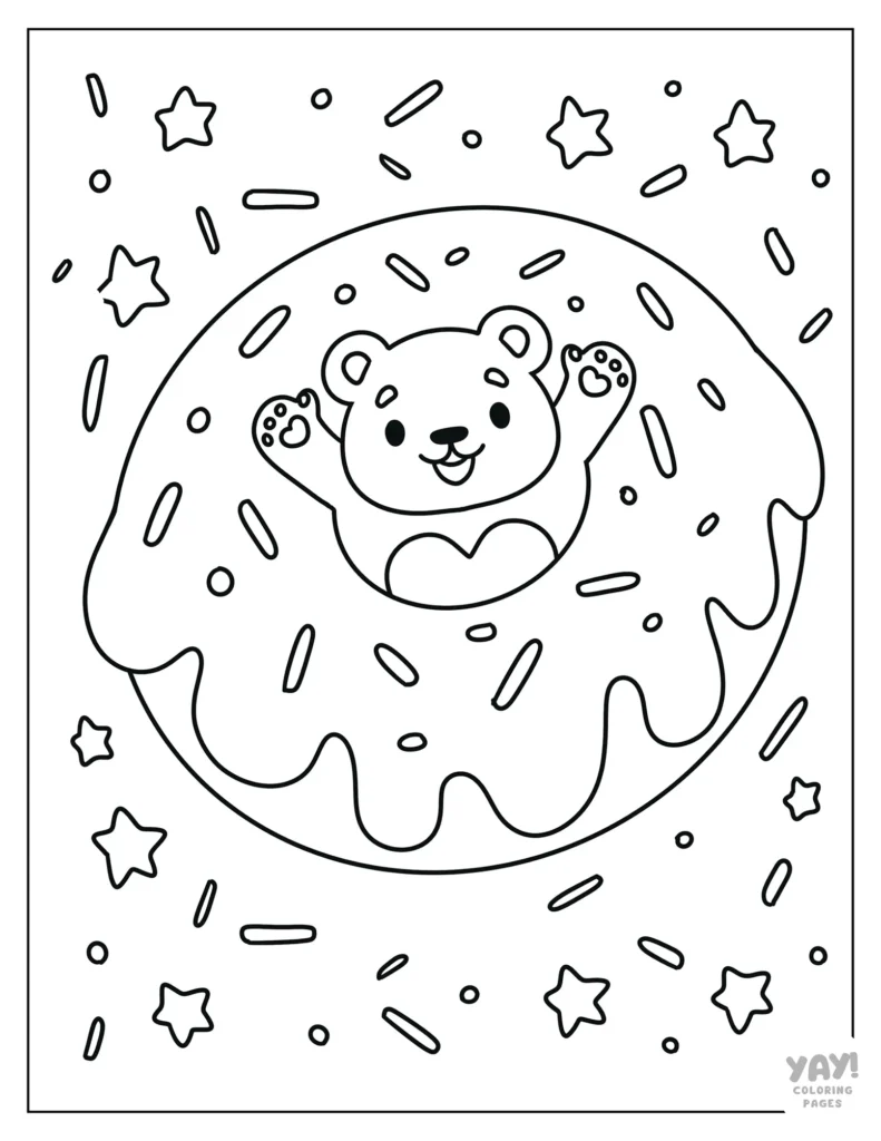 Kawaii coloring page of bear in donut