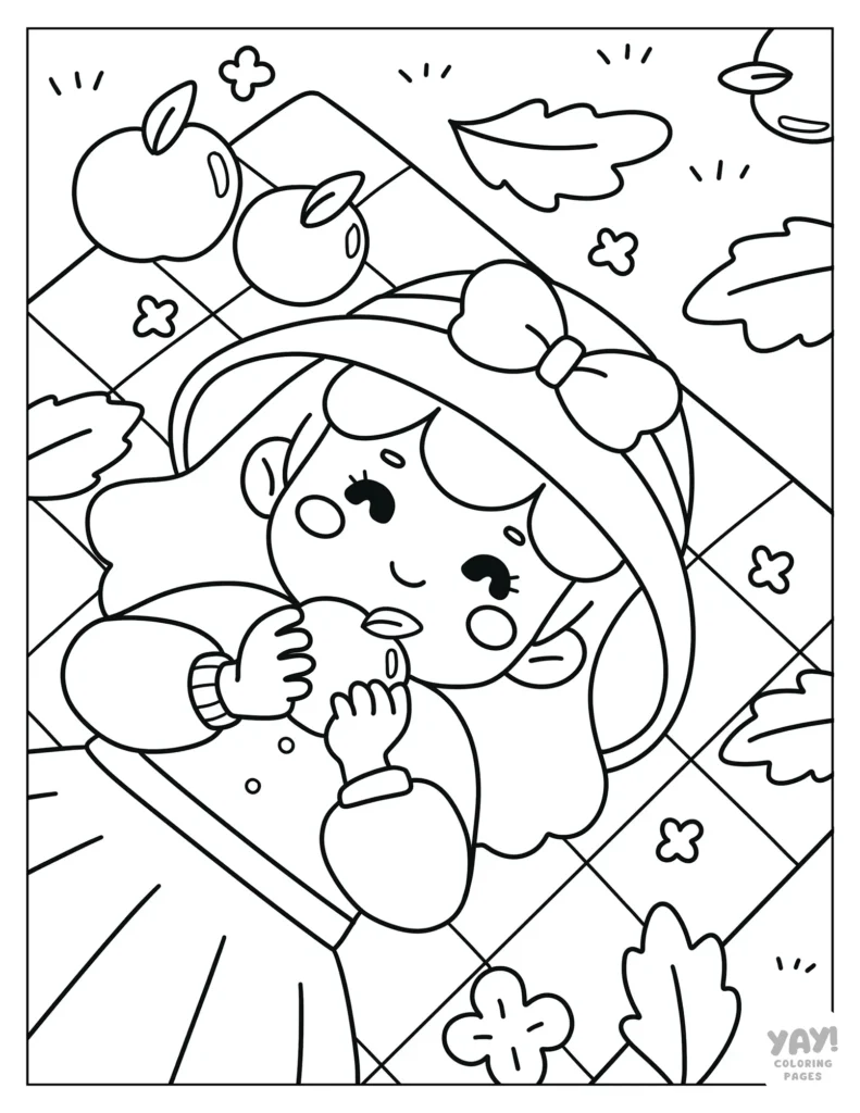 Cute girl having picnic coloring page