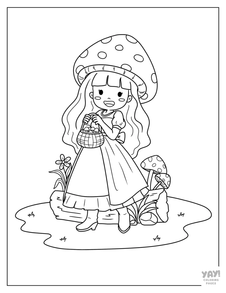 Cute kawaii girl wearing mushroom hat coloring page