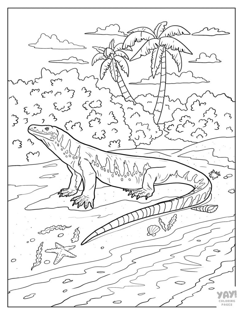 Detailed Komodo dragon on the beach coloring page