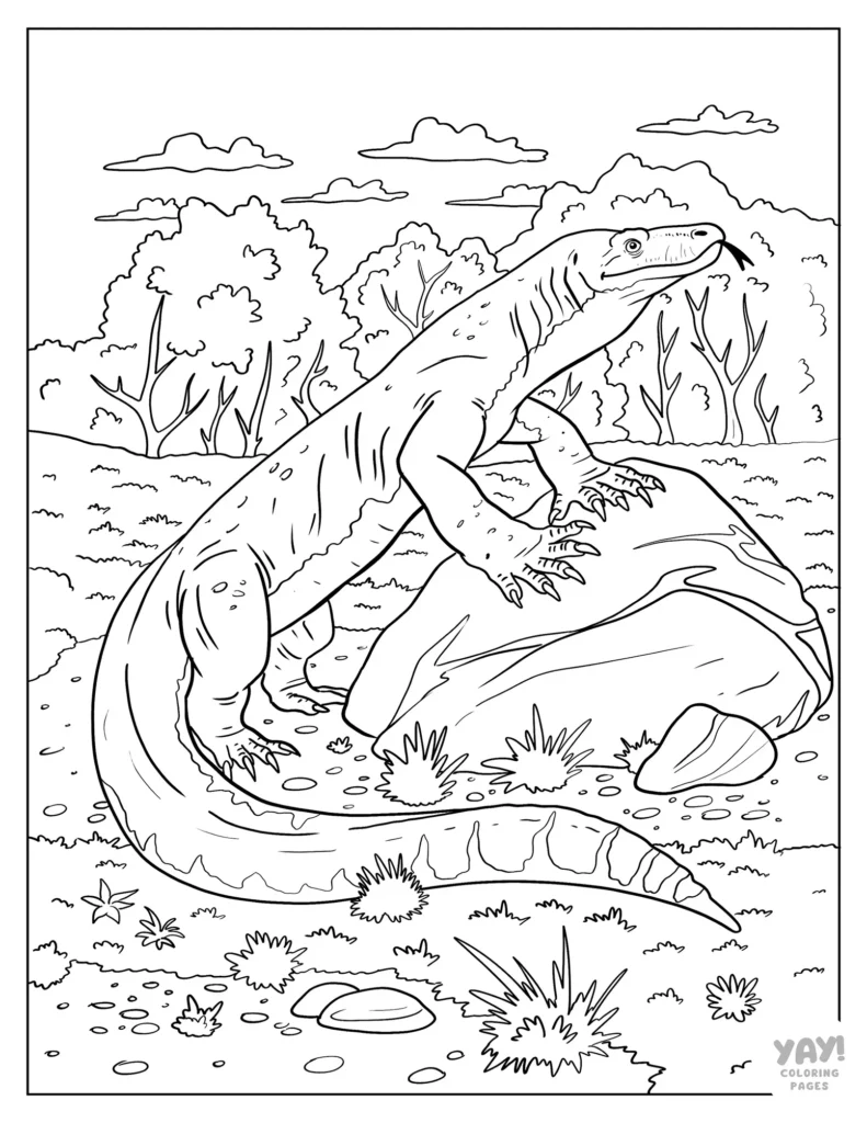 Komodo dragon standing on rock with tonuge sticking out coloring page for kids