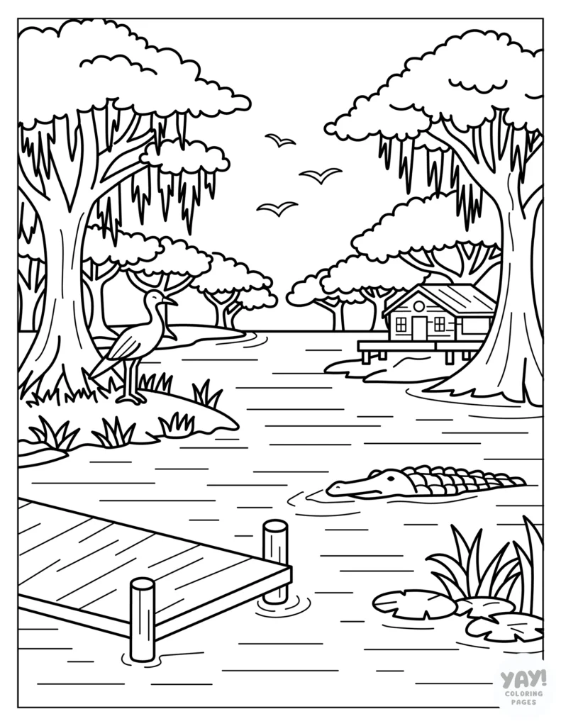 Louisiana bayou landscape coloring page