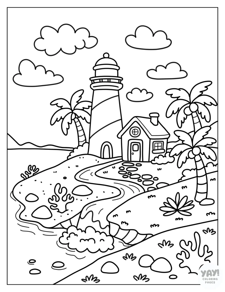 Beach lighthouse landscape coloring page
