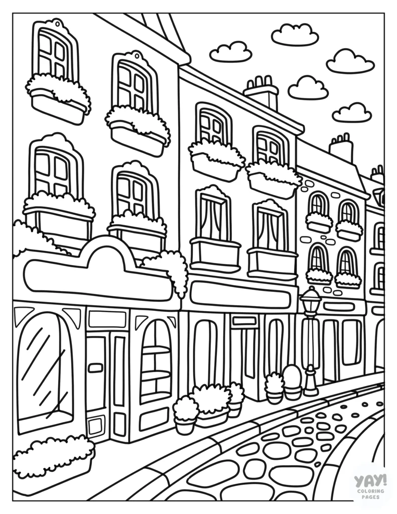 Charming city street coloring page