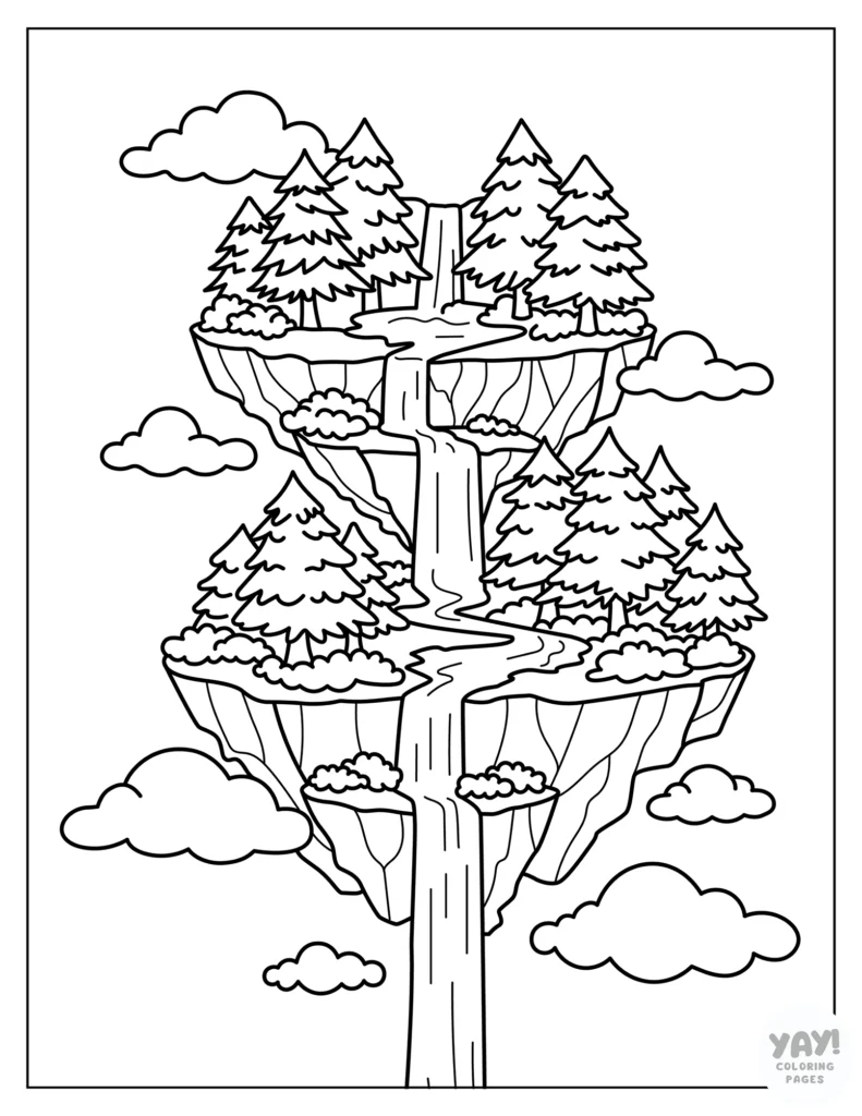 Floating mountains with waterfall coloring page