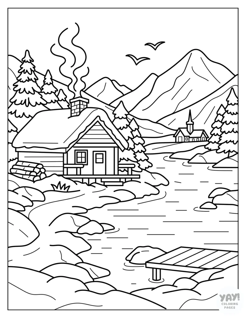 Icy cabin near water coloring page