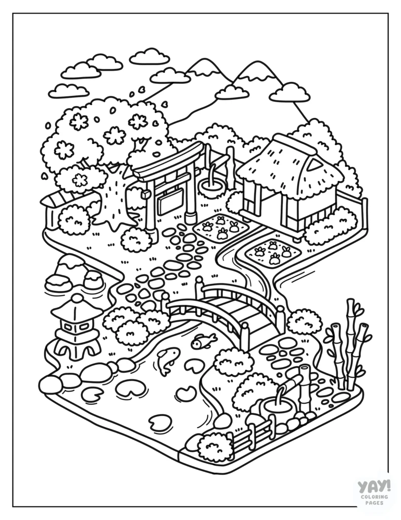 Isometric Japanese tea garden coloring page