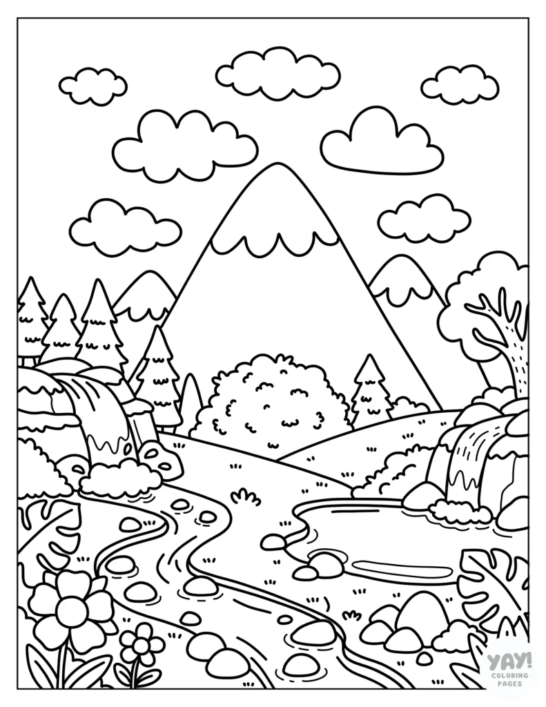 Lovely mountain landscape coloring page