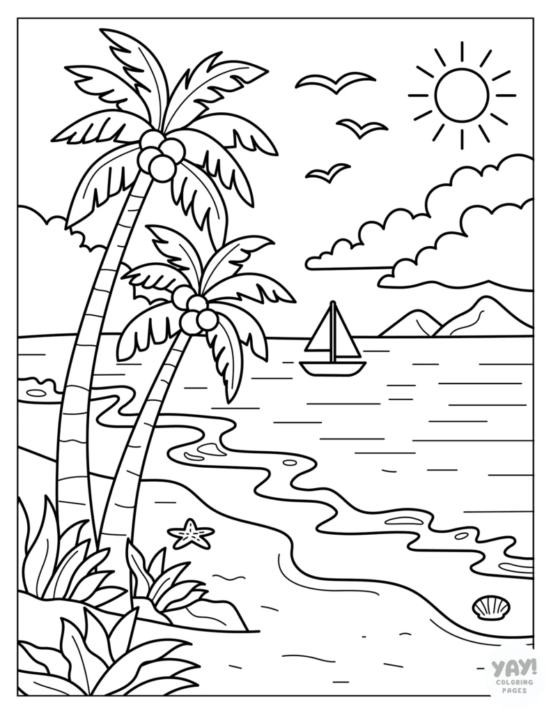 Beach with palm trees coloring page
