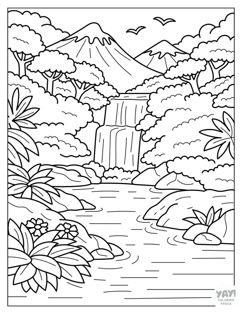 Majestic waterfall coloring page