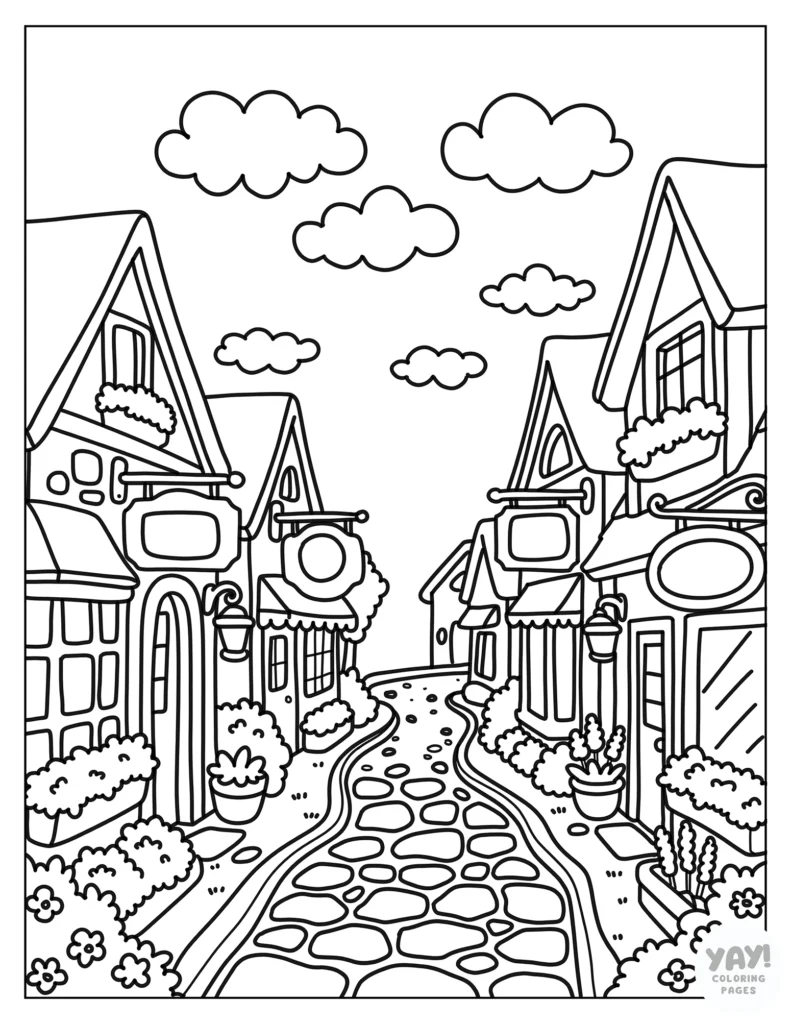 Quaint village coloring page