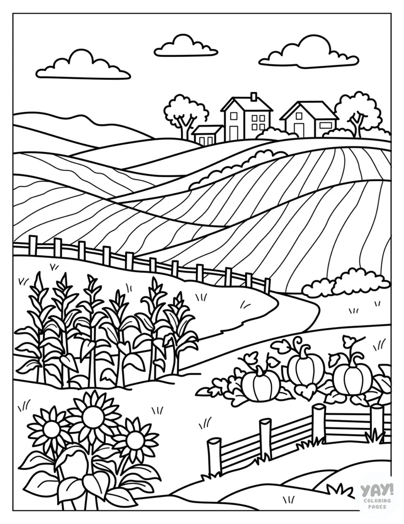 Rolling farmland coloring page