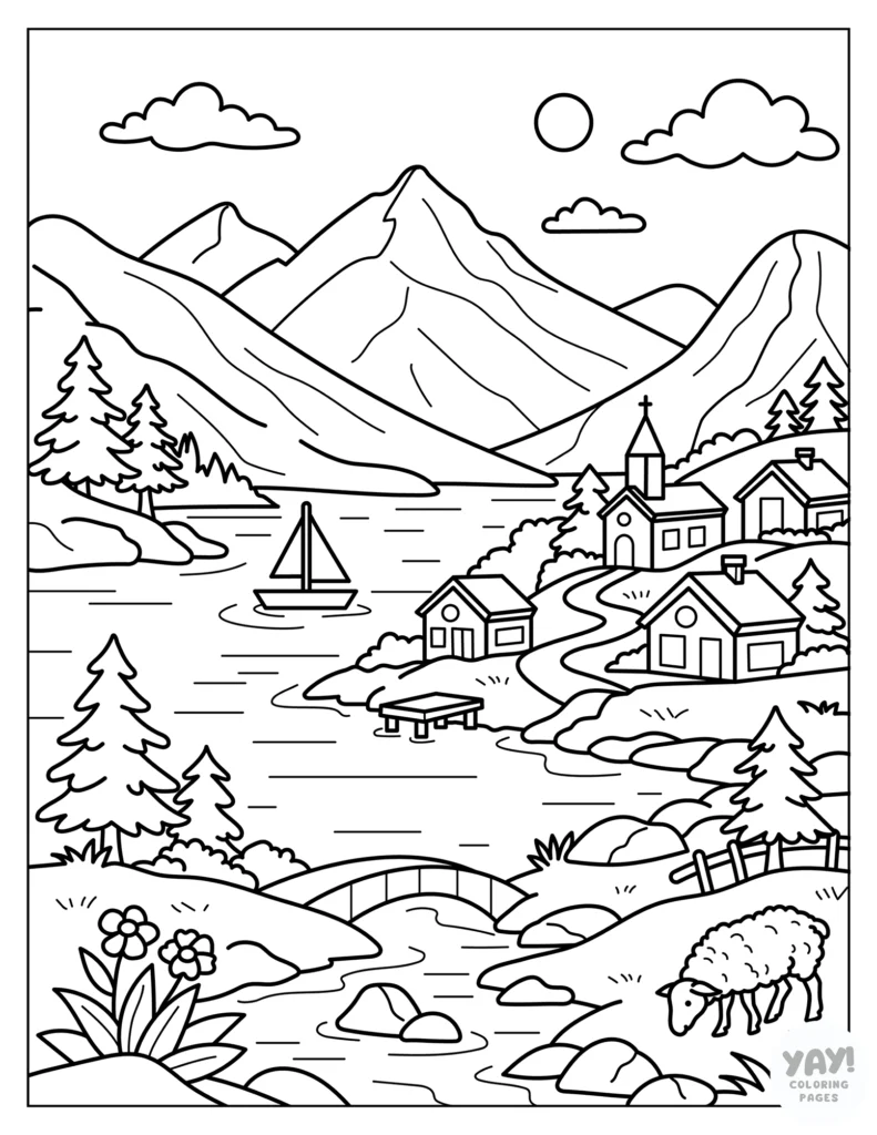 Seaside town coloring page