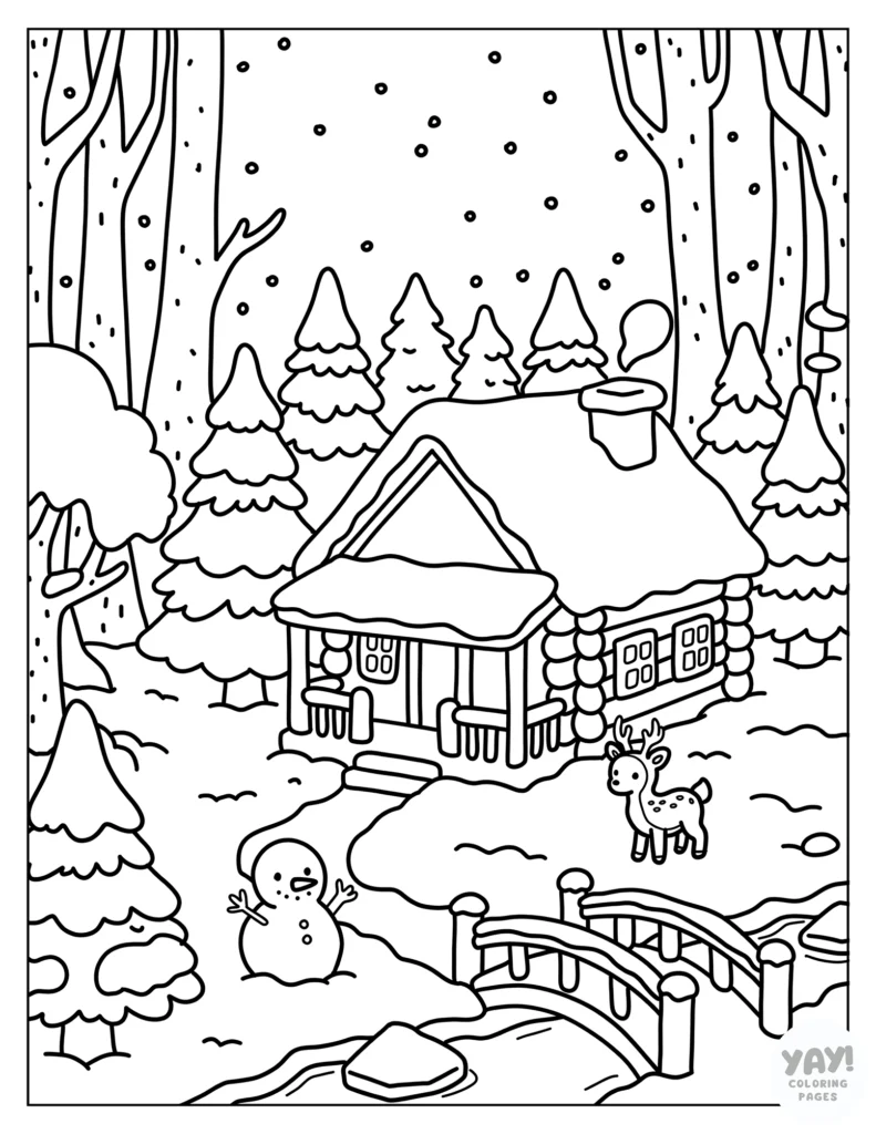 Snowy cabin landscape coloring page