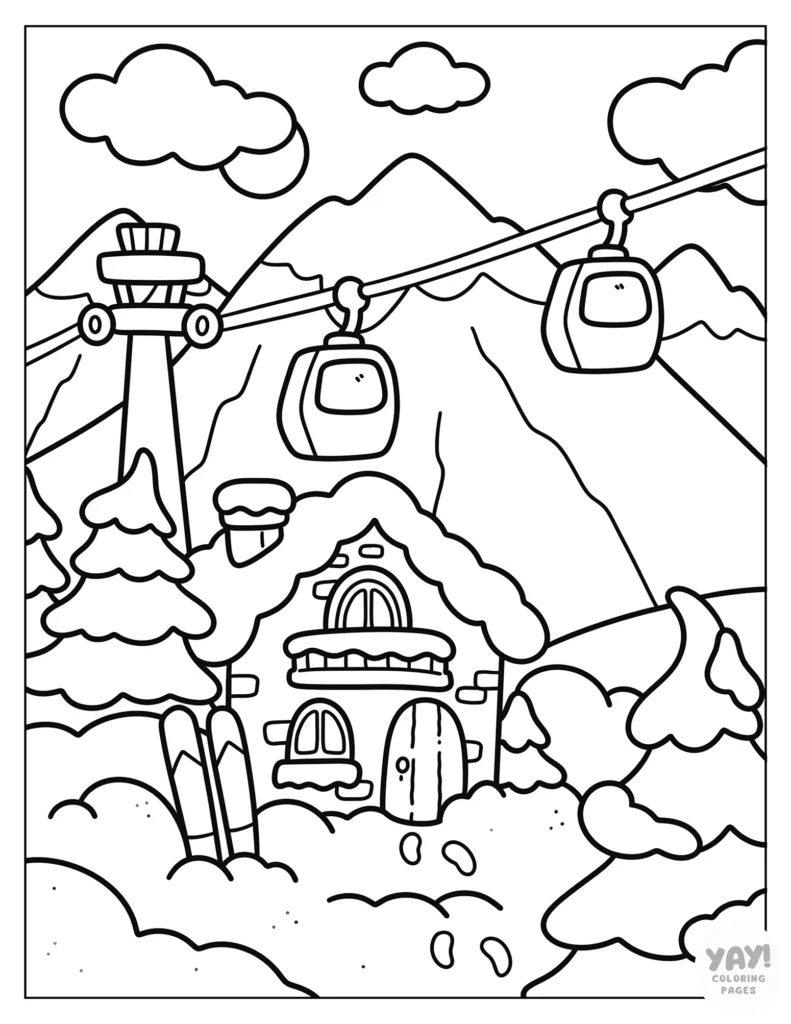 Winter chalet with gondolas coloring page