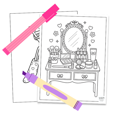 Collage of makeup coloring pages with markers overlapping the pages