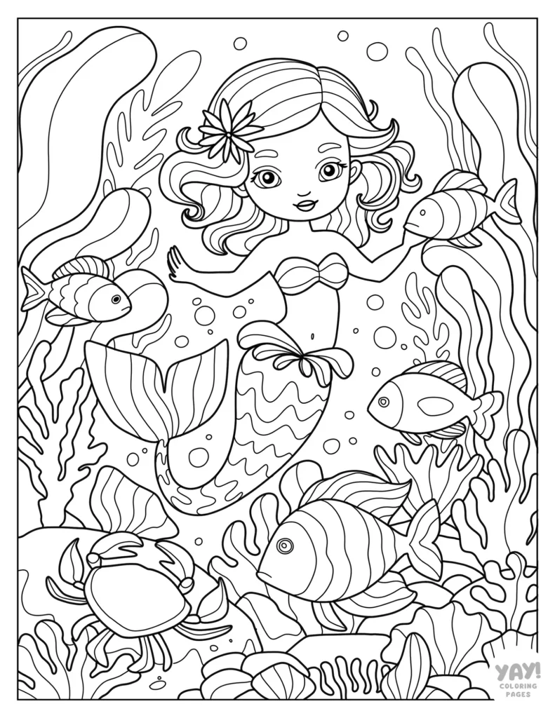 Mermaid coloring page with tropical fish, crab, and coral reef